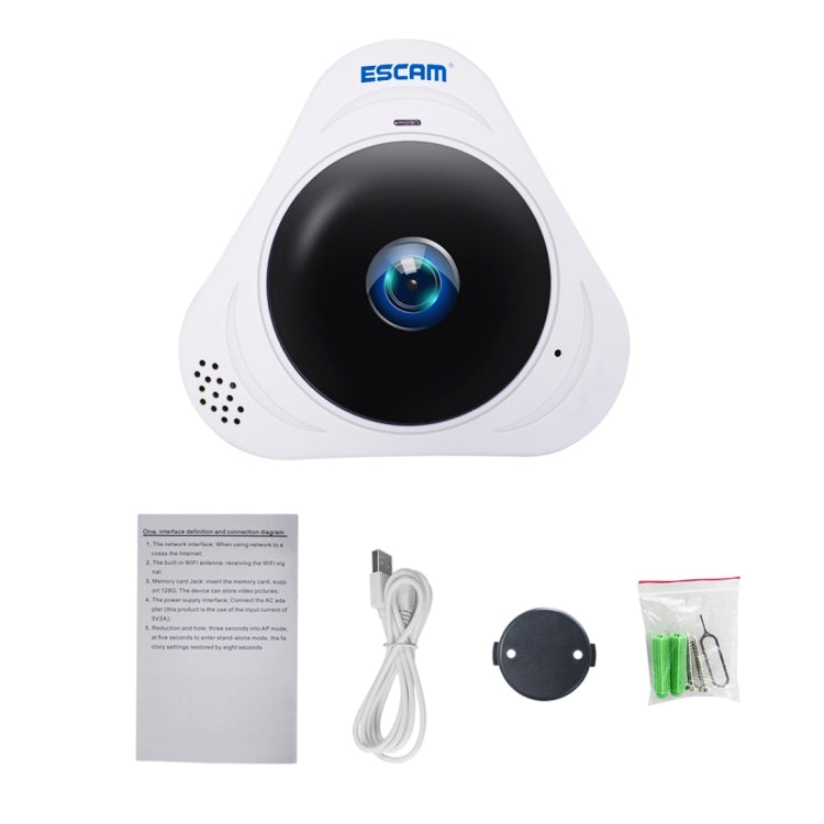 ESCAM Q8 960P 360 Degrees Fisheye Lens 1.3MP WiFi IP Camera, Support Motion Detection / Night Vision, IR Distance: 5-10m, US Plug(White) by ESCAM
