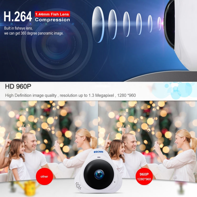 ESCAM Q8 960P 360 Degrees Fisheye Lens 1.3MP WiFi IP Camera, Support Motion Detection / Night Vision, IR Distance: 5-10m, EU Plug(White) by ESCAM