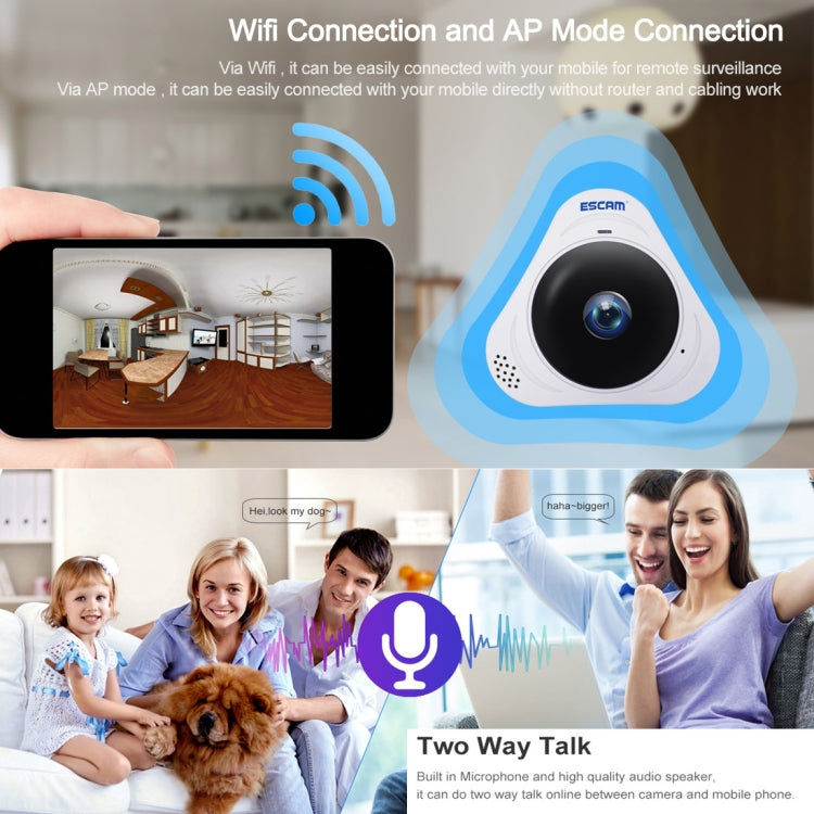 ESCAM Q8 960P 360 Degrees Fisheye Lens 1.3MP WiFi IP Camera, Support Motion Detection / Night Vision, IR Distance: 5-10m, EU Plug(White) by ESCAM