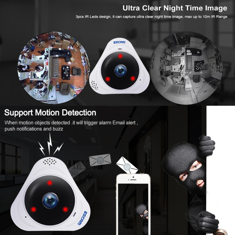 ESCAM Q8 960P 360 Degrees Fisheye Lens 1.3MP WiFi IP Camera, Support Motion Detection / Night Vision, IR Distance: 5-10m, EU Plug(White) by ESCAM