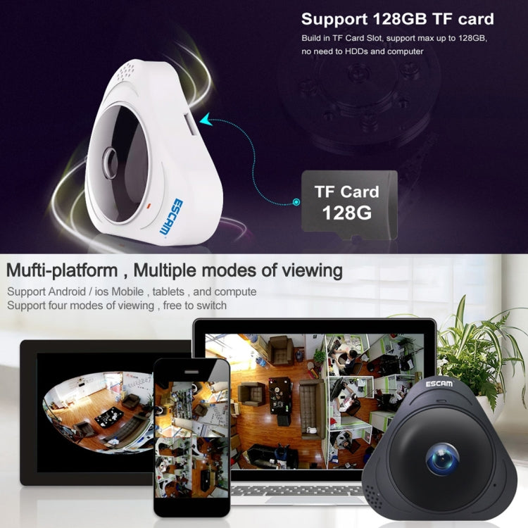 ESCAM Q8 960P 360 Degrees Fisheye Lens 1.3MP WiFi IP Camera, Support Motion Detection / Night Vision, IR Distance: 5-10m, EU Plug(White) by ESCAM