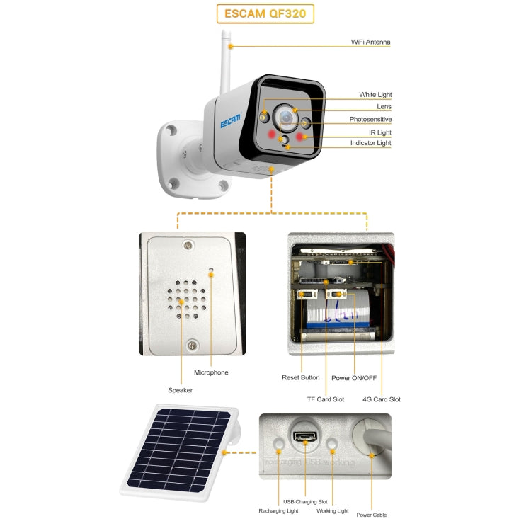 ESCAM QF320 HD 1080P 4G Solar Panel IP Camera, Support Night Vision & TF Card & PIR Motion Detection & Two Way Audio by ESCAM