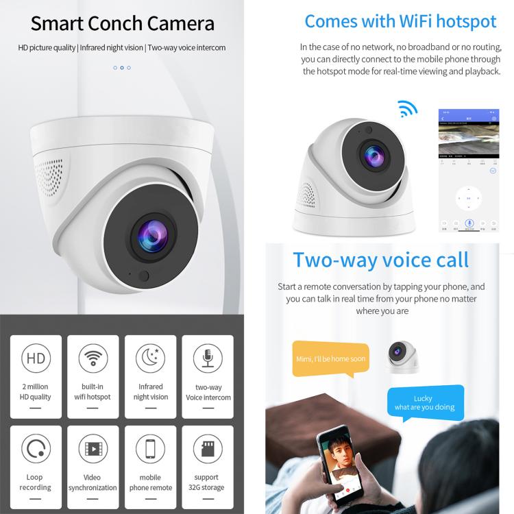 A5 Smart Conch WiFi Camera 1080P HD Night Vision IP Camera (US Plug) by bashfashion