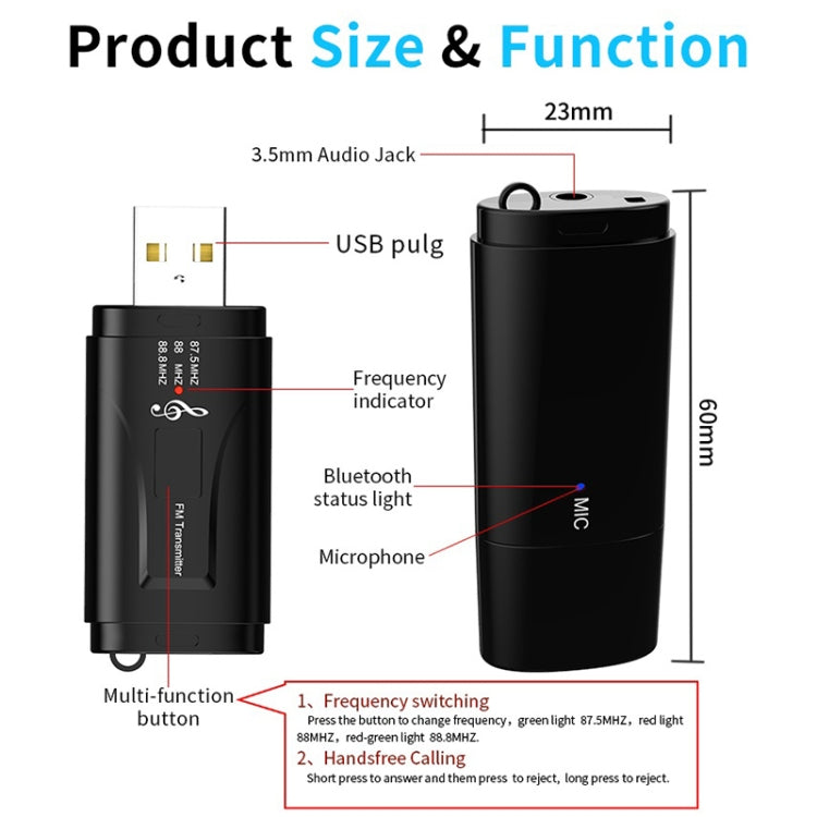MSD128 2 in 1 USB Car Bluetooth Hands-free Call FM Transmitter with 3.5mm AUX Interface by bashfashion