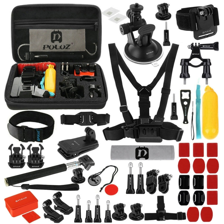 PULUZ 53 in 1 Accessories Total Ultimate Combo Kits with EVA Case (Chest Strap + Suction Cup Mount + 3-Way Pivot Arms + J-Hook Buckle + Wrist Strap + Helmet Strap + Extendable Monopod + Surface Mounts ... for GoPro, Insta360, DJI and Other Action Cameras by PULUZ