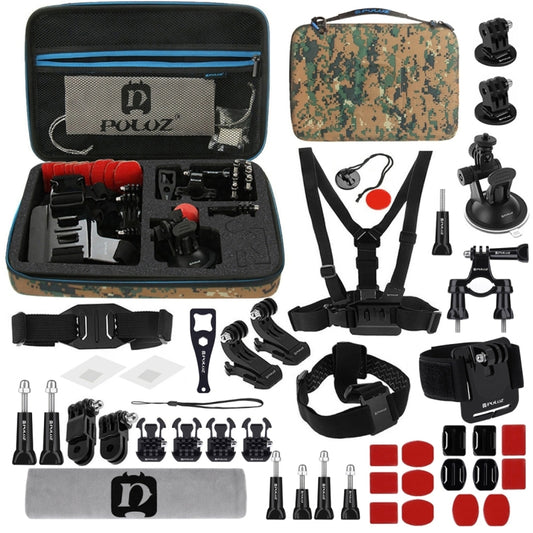 PULUZ 45 in 1 Accessories Ultimate Combo Kits with Camouflage EVA Case (Chest Strap + Suction Cup Mount + 3-Way Pivot Arms + J-Hook Buckle + Wrist Strap + Helmet Strap + Surface Mounts + Tripod Adapte ... for GoPro, Insta360, DJI and Other Action Cameras by PULUZ
