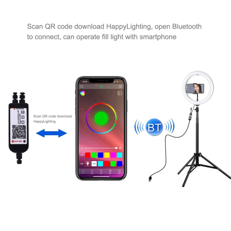 PULUZ 10.2 inch 26cm RGBW Light + 1.65m Tripod Mount Curved Surface USB RGBW Dimmable LED Ring Vlogging Video Light Live Broadcast Kits with Cold Shoe Tripod Ball Head & Phone Clamp & Remote Control(Black) by PULUZ