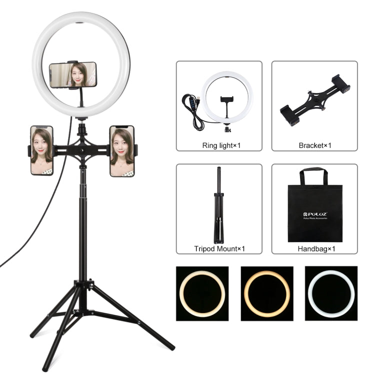 PULUZ 11.8 inch 30cm Light + 1.65m Tripod + Dual Phone Bracket Curved Surface USB 3 Modes Dimmable Dual Color Temperature LED Ring Vlogging Video Light Live Broadcast Kits with Phone Clamp(Black) by PULUZ