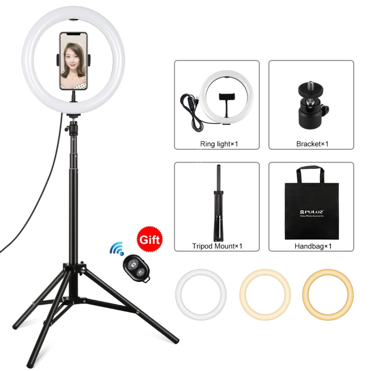 PULUZ 10.2 inch 26cm Light + 1.65m Tripod Mount Curved Surface USB 3 Modes Dimmable Dual Color Temperature Ring Vlogging Video Light Live Broadcast Kits with Phone Clamp & Selfie Remote Control(Black) by PULUZ