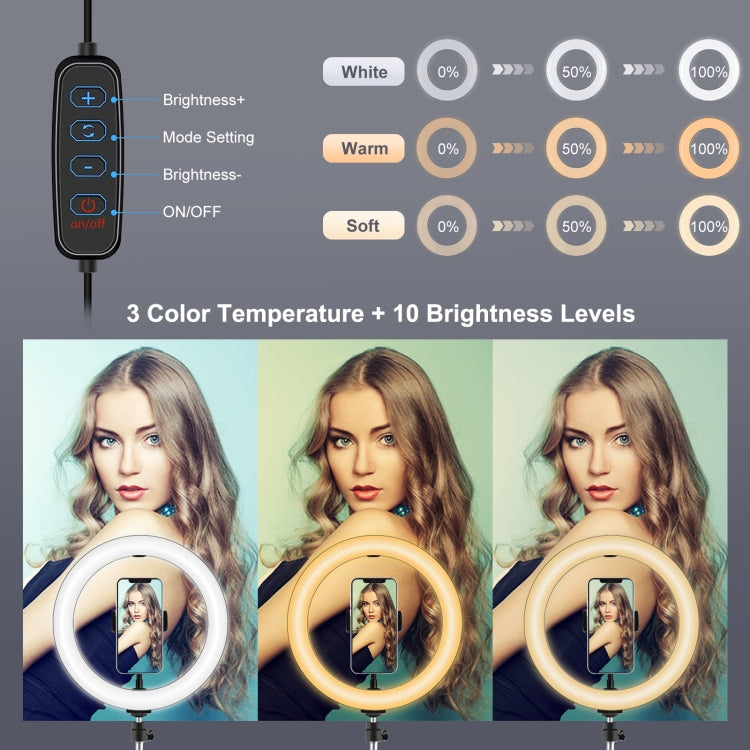 PULUZ 10.2 inch 26cm Light + 1.65m Tripod Mount Curved Surface USB 3 Modes Dimmable Dual Color Temperature Ring Vlogging Video Light Live Broadcast Kits with Phone Clamp & Selfie Remote Control(Black) by PULUZ