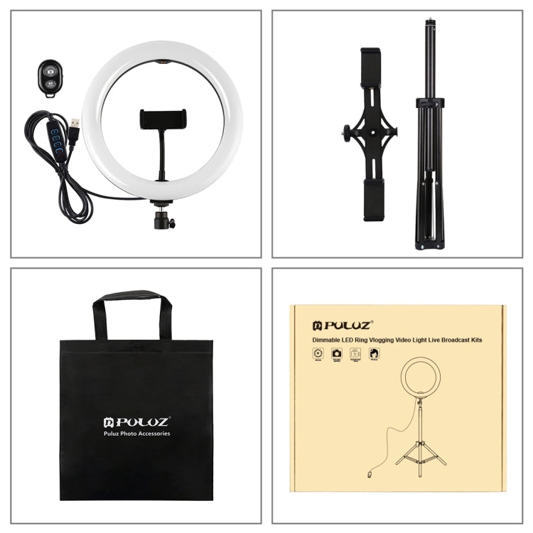PULUZ 1.65m Tripod Mount + Dual Phone Brackets + 10.2 inch 26cm Curved Surface USB 3 Modes Dimmable Dual Color Temperature Ring Selfie Vlogging Video Light Live Broadcast Kits with Phone Clamp & Selfie Remote Control(Black) by PULUZ