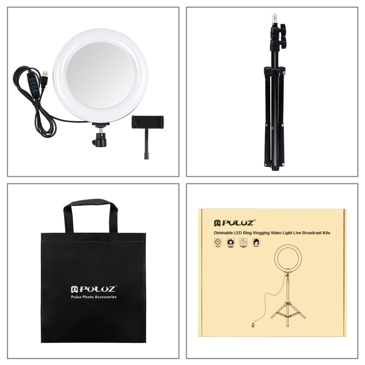 PULUZ 7.9 inch 20cm Mirror Light+ 1.1m Tripod Mount USB 3 Modes Dimmable Dual Color Temperature LED Curved Light Ring Vlogging Selfie Photography Video Lights with Mirror & Phone Clamp(Black) by PULUZ