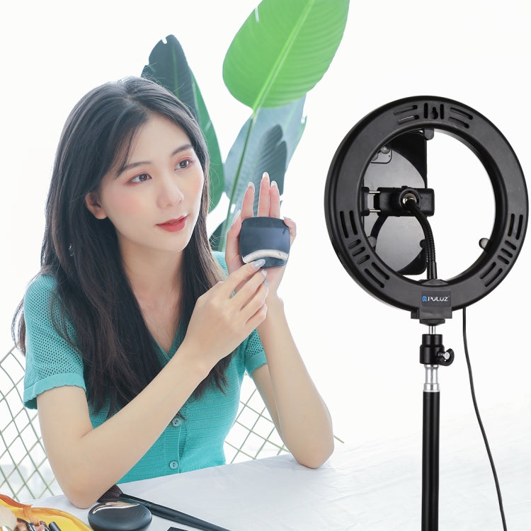 PULUZ 7.9 inch 20cm Mirror Light+ 1.1m Tripod Mount USB 3 Modes Dimmable Dual Color Temperature LED Curved Light Ring Vlogging Selfie Photography Video Lights with Mirror & Phone Clamp(Black) by PULUZ