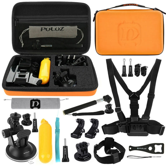 PULUZ 20 in 1 Accessories Combo Kits with Orange EVA Case (Chest Strap + Head Strap + Suction Cup Mount + 3-Way Pivot Arm + J-Hook Buckles + Extendable Monopod + Tripod Adapter + Bobber Hand Grip + St ... for GoPro, Insta360, DJI and Other Action Cameras by PULUZ