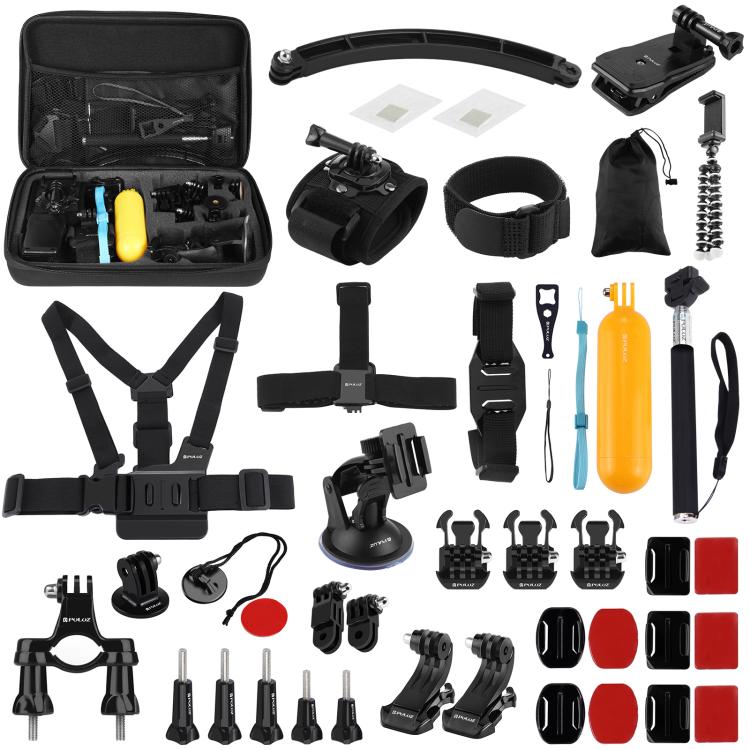 PULUZ 50 in 1 Accessories Total Ultimate Combo Kits with EVA Case (Chest Strap + Suction Cup Mount + 3-Way Pivot Arms + J-Hook Buckle + Wrist Strap + Helmet Strap + Extendable Monopod + Surface Mounts ... for GoPro, Insta360, DJI and Other Action Cameras by PULUZ