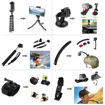 PULUZ 50 in 1 Accessories Total Ultimate Combo Kits with EVA Case (Chest Strap + Suction Cup Mount + 3-Way Pivot Arms + J-Hook Buckle + Wrist Strap + Helmet Strap + Extendable Monopod + Surface Mounts ... for GoPro, Insta360, DJI and Other Action Cameras by PULUZ