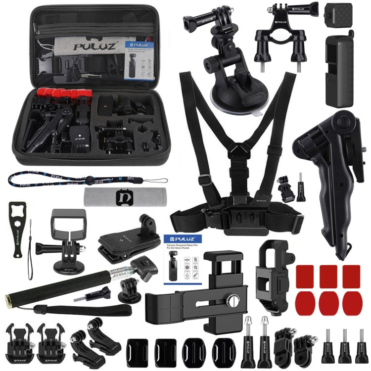 PULUZ 43 in 1 Accessories Total Ultimate Combo Kits for DJI Osmo Pocket with EVA Case (Chest Strap + Wrist Strap + Suction Cup Mount + 3-Way Pivot Arms + J-Hook Buckle + Grip Tripod Mount + Surface Mo ... orage Bag + Rec-mounts + Handlebar Mount + Wrench) by PULUZ