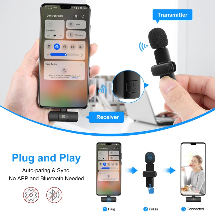 PULUZ Wireless Lavalier Noise Reduction Reverb Microphone for Type-C / USB-C Device, Support Phone Charging(Black) by PULUZ