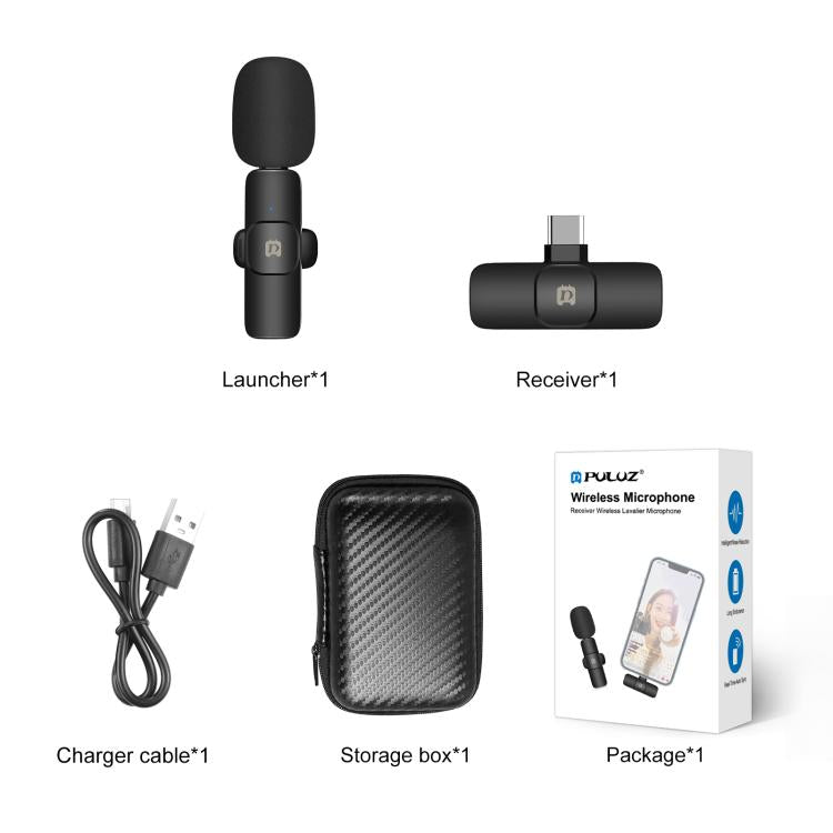 PULUZ Wireless Lavalier Noise Reduction Reverb Microphone for Type-C / USB-C Device, Support Phone Charging(Black) by PULUZ