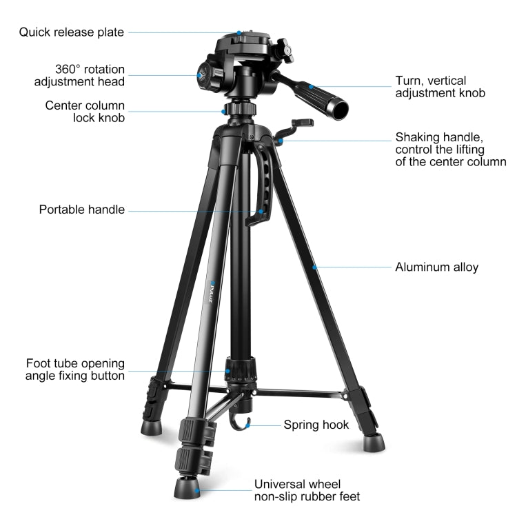 PULUZ Aluminum Selfie Live Tripod Mount with Three-dimensional Head & Phone Clamp(Black) by PULUZ