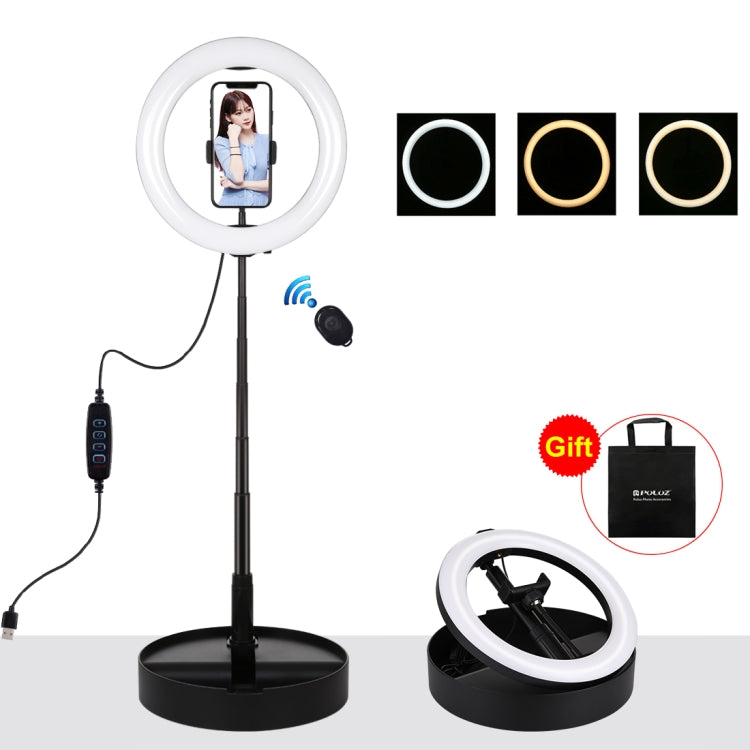PULUZ 10.2 inch 26cm USB 3 Modes Dimmable Dual Color Temperature LED Curved Ring Vlogging Selfie Photography Video Lights with Bluetooth Remote Shutter & Folding Desktop Holder & Phone Clamp(Black) by PULUZ