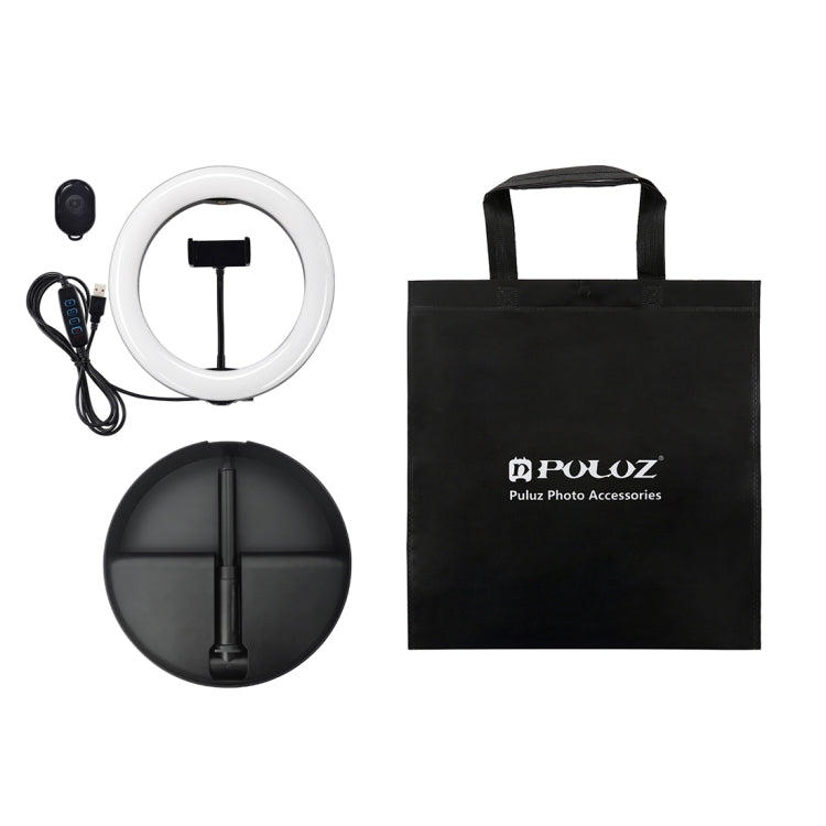 PULUZ 10.2 inch 26cm USB 3 Modes Dimmable Dual Color Temperature LED Curved Ring Vlogging Selfie Photography Video Lights with Bluetooth Remote Shutter & Folding Desktop Holder & Phone Clamp(Black) by PULUZ