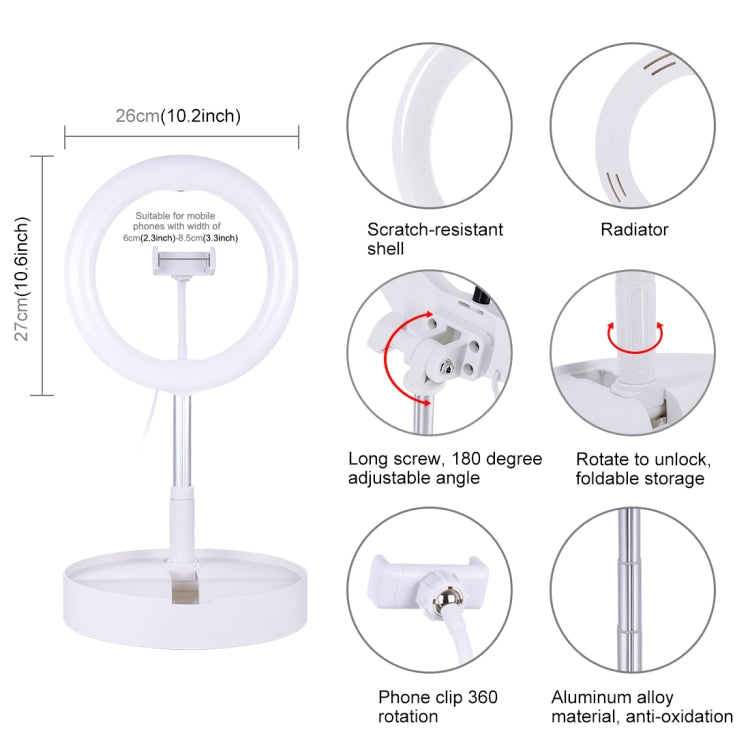 PULUZ 10.2 inch 26cm USB 3 Modes Dimmable Dual Color Temperature LED Curved Ring Vlogging Selfie Photography Video Lights with Bluetooth Remote Shutter & Folding Desktop Holder & Phone Clamp(White) by PULUZ