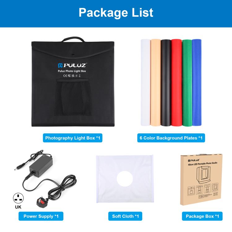 PULUZ 40cm Folding Portable White Light Dimmable Photo Lighting Studio Shooting Tent Box Kit with 6 Colors (Black, Orange, White, Red, Green, Blue) Backdrops(UK Plug) by PULUZ