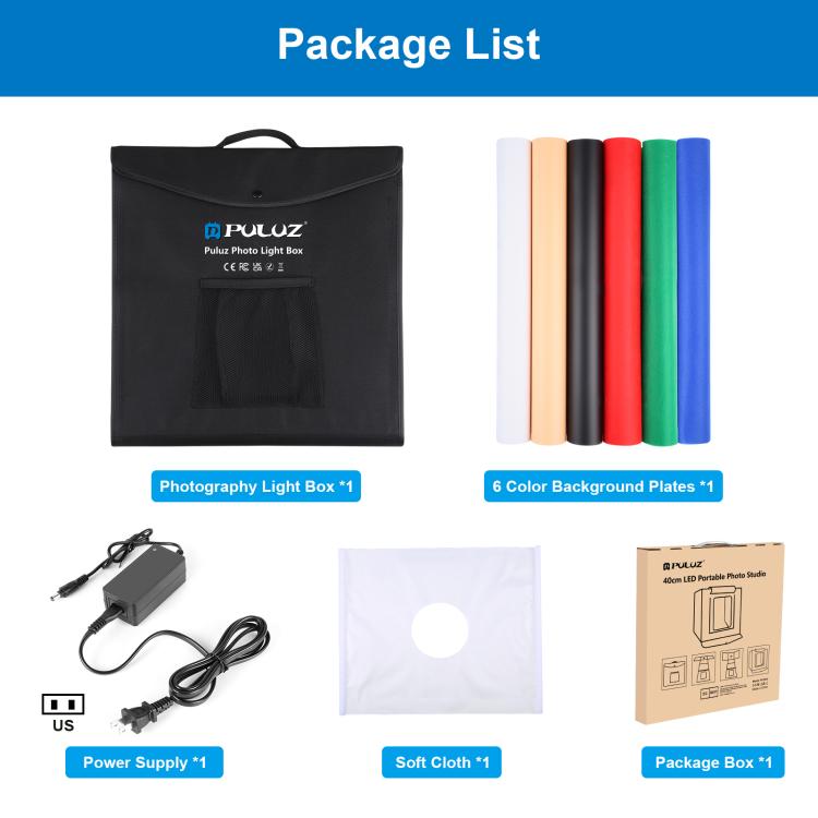 PULUZ 40cm Folding Portable White Light Dimmable Photo Lighting Studio Shooting Tent Box Kit with 6 Colors (Black, Orange, White, Red, Green, Blue) Backdrops(US Plug) by PULUZ