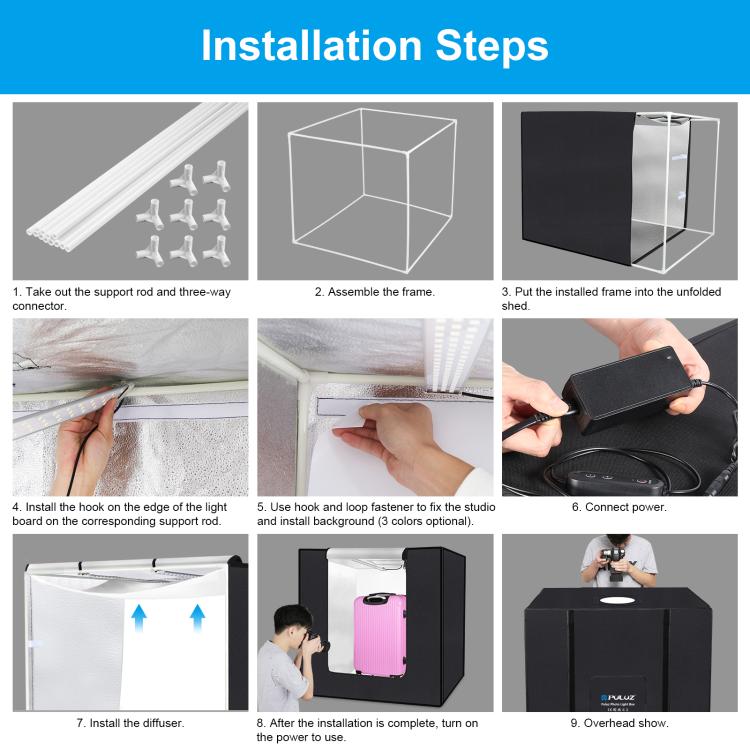 PULUZ 80cm Folding Portable 72W White Light Photo Lighting Studio Shooting Tent Box Kit with 3 Colors Black / White / Orange Backdrops(EU Plug) by PULUZ