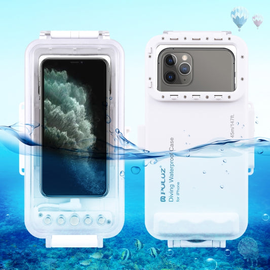 PULUZ 45m/147ft Waterproof Diving Case Photo Video Taking Underwater Housing Cover for iPhone 14 Series, iPhone 13 Series, iPhone 12 Series, iPhone 11 Series, iPhone X Series, iPhone 8 & 7, iPhone 6s, iOS 13.0 or Above Version iPhone(White) by PULUZ
