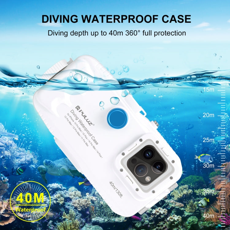 PULUZ 40m/130ft Waterproof Diving Case for iPhone 15 Pro Max / 15 Plus / 14 Plus / 14 Pro Max / 13 Pro Max / 12 Pro Max / 11 Pro Max, with One-way Valve Photo Video Taking Underwater Housing Cover(White) by PULUZ
