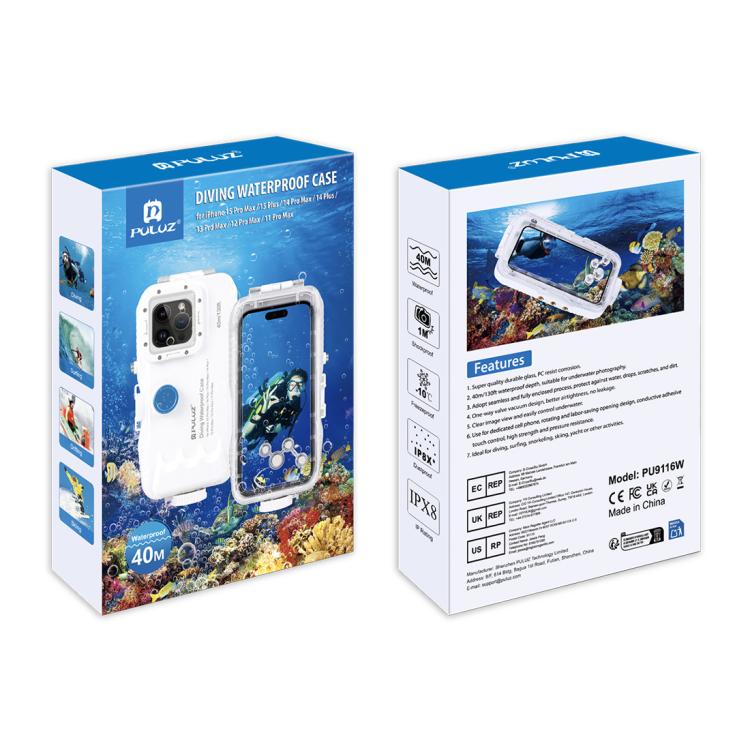 PULUZ 40m/130ft Waterproof Diving Case for iPhone 15 Pro Max / 15 Plus / 14 Plus / 14 Pro Max / 13 Pro Max / 12 Pro Max / 11 Pro Max, with One-way Valve Photo Video Taking Underwater Housing Cover(White) by PULUZ