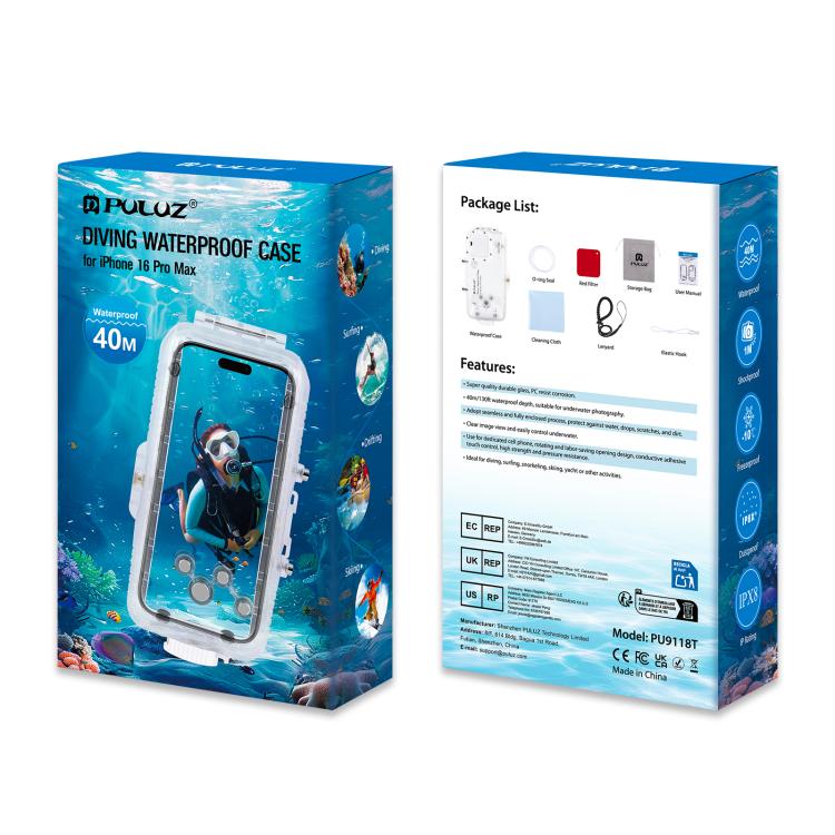 For iPhone 16 Pro Max PULUZ 40m/130ft Waterproof Diving Case Photo Video Taking Underwater Housing Cover (Transparent) by PULUZ