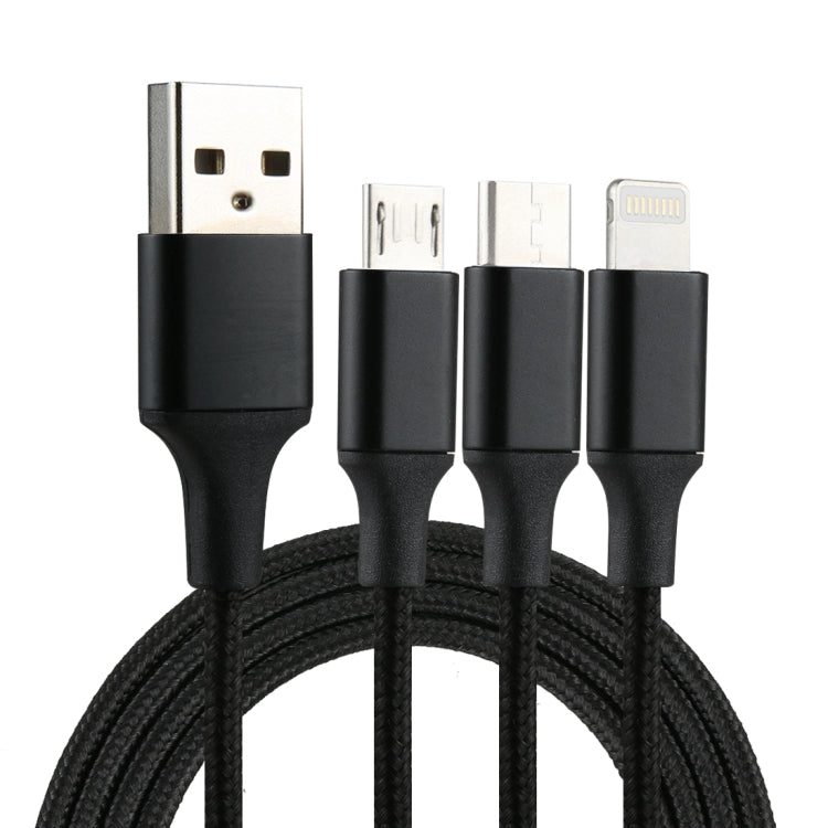 2A 1.2m 3 in 1 USB to 8 Pin & USB-C / Type-C & Micro USB Nylon Weave Charging Cable(Black) by bashfashion