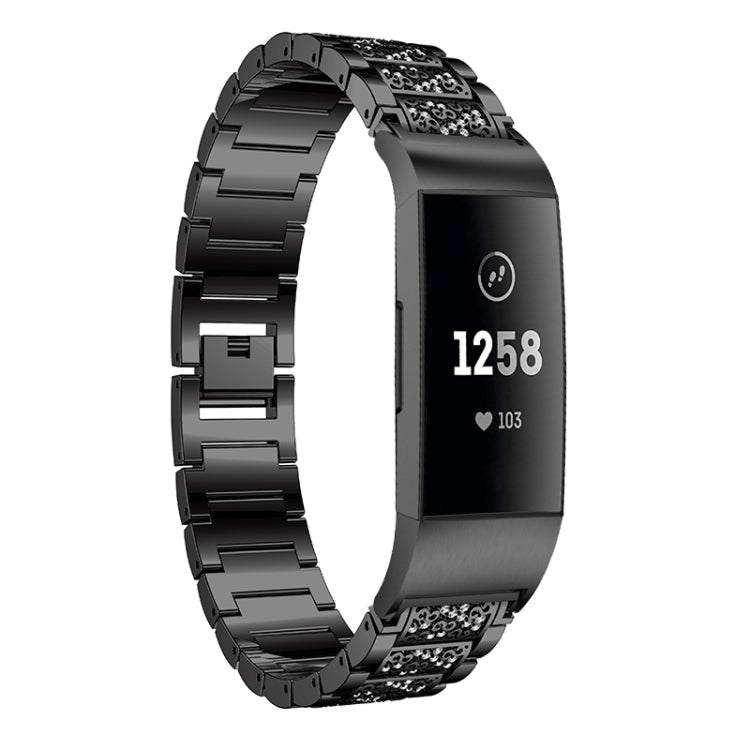 Diamond-studded Solid Stainless Steel Watch Band for Fitbit Charge 3(Black) by bashfashion