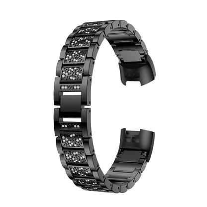 Diamond-studded Solid Stainless Steel Watch Band for Fitbit Charge 3(Black) by bashfashion
