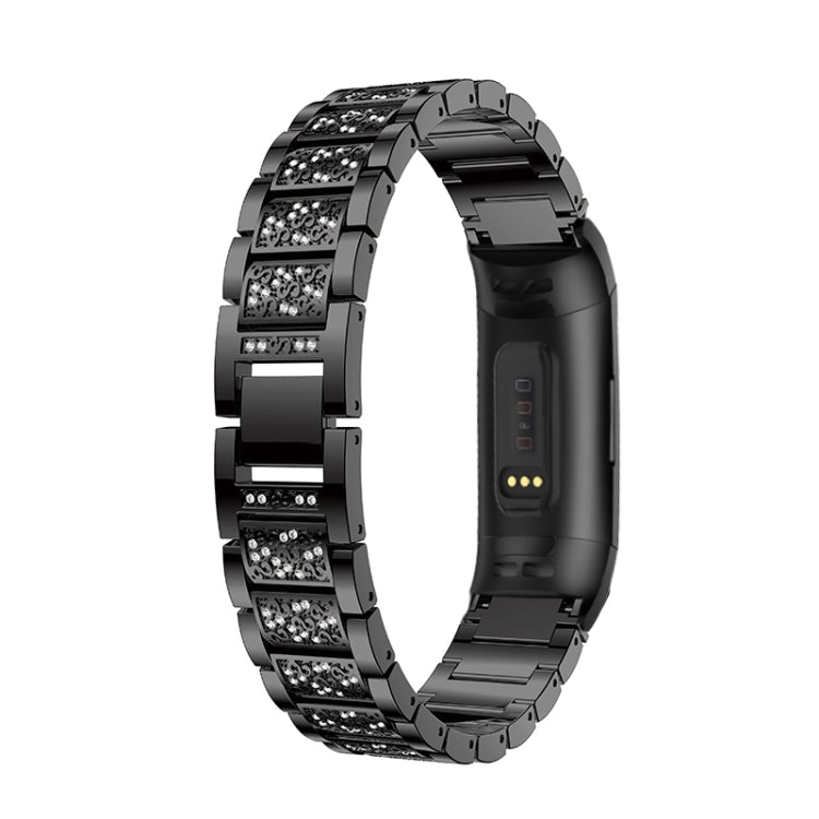 Diamond-studded Solid Stainless Steel Watch Band for Fitbit Charge 3(Black) by bashfashion