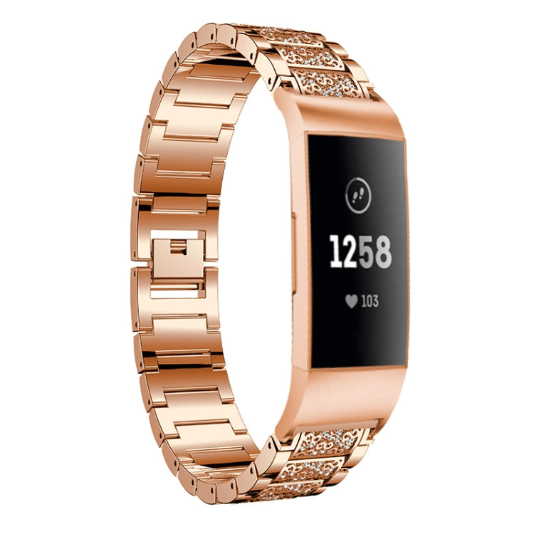 Diamond-studded Solid Stainless Steel Watch Band for Fitbit Charge 3(Rose Gold) by bashfashion