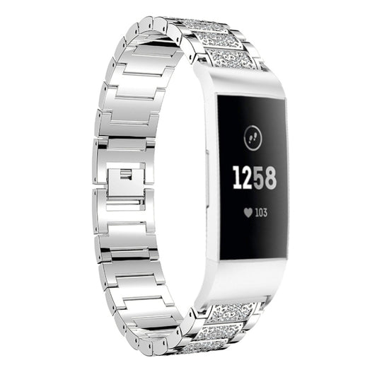 Diamond-studded Solid Stainless Steel Watch Band for Fitbit Charge 3(Silver) by bashfashion