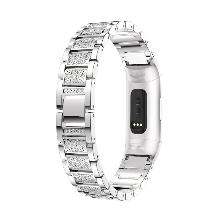 Diamond-studded Solid Stainless Steel Watch Band for Fitbit Charge 3(Silver) by bashfashion