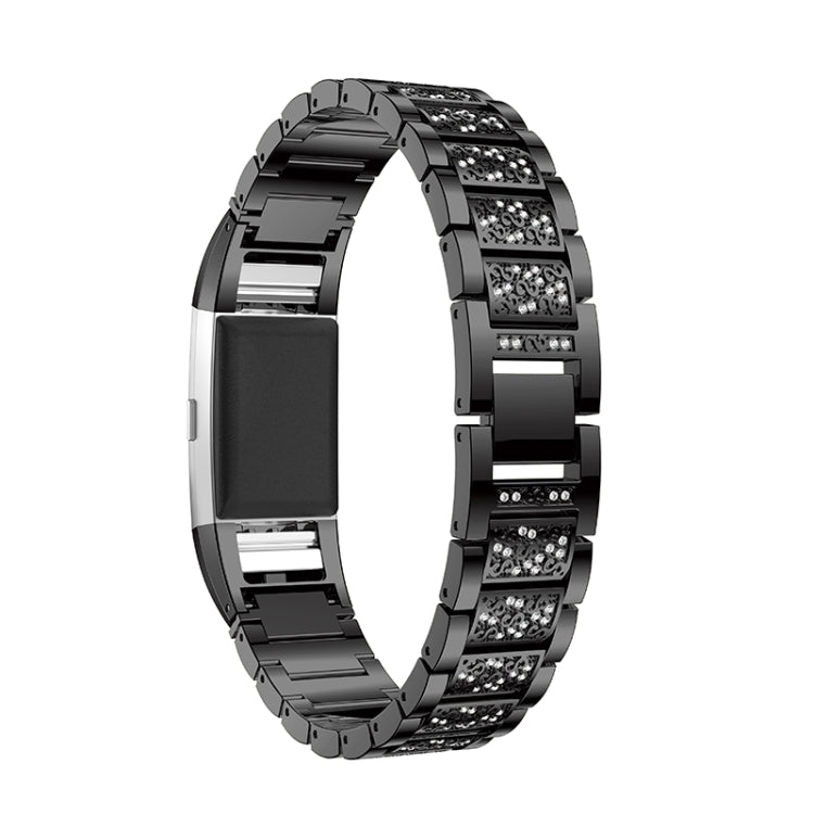 Diamond-studded Solid Stainless Steel Watch Band for Fitbit Charge 2(Black) by bashfashion