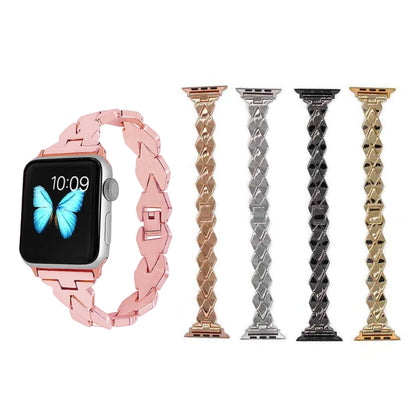 For Apple Watch Series 7 45mm / 6 & SE & 5 & 4 44mm / 3 & 2 & 1 42mm Diamond Stainless Steel Watch Band Strap(Gold) by bashfashion