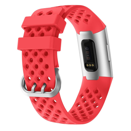For Fitbit Charge 3 / 4 Hollow Square Silicone Watch Band Wristband(Red) by bashfashion