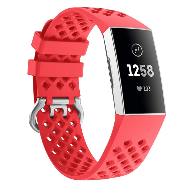 For Fitbit Charge 3 / 4 Hollow Square Silicone Watch Band Wristband(Red) by bashfashion