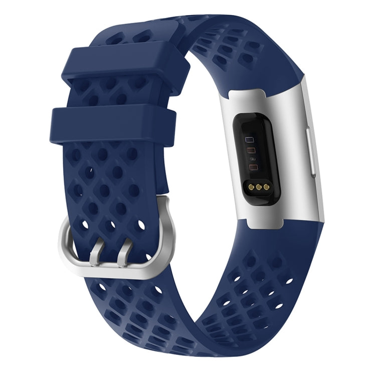 For Fitbit Charge 3 / 4 Hollow Square Silicone Watch Band Wristband(Dark Blue) by bashfashion