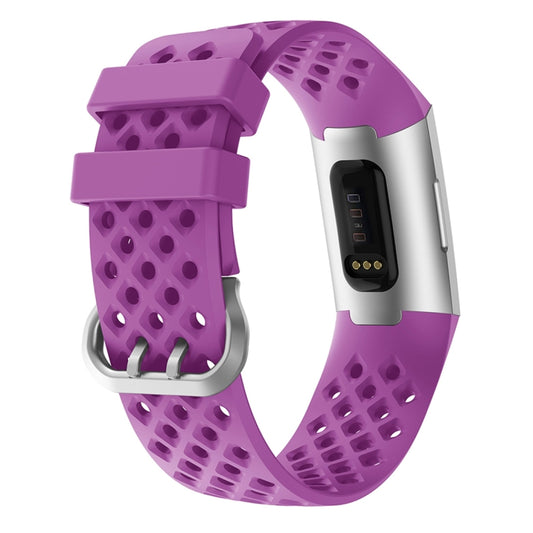 For Fitbit Charge 3 / 4 Hollow Square Silicone Watch Band Wristband(Purple) by bashfashion