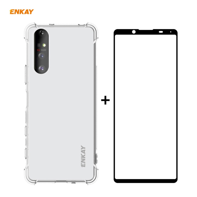 For Sony Xperia 5 II Hat-Prince ENKAY Clear TPU Shockproof Case Soft Anti-slip Cover + 0.26mm 9H 2.5D Full Glue Full Coverage Tempered Glass Protector Film by ENKAY