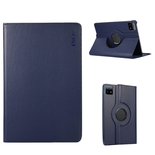 For Xiaomi Pad 6 / Pad 6 Pro ENKAY 360 Degree Rotation Stand Litchi Leather Smart Tablet Case(Dark Blue) by ENKAY