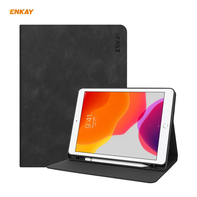 For iPad 10.2 2021 / 2020 / 2019 ENKAY ENK-8023 Cow Texture PU Leather + TPU Smart Case with Pen Slot(Black) by ENKAY